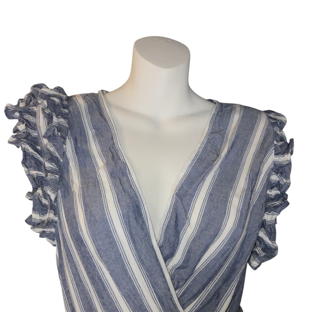 Angie Women Medium Top Blue Striped Surplice Ruffle Sleeve Boho Hippie Festival - Picture 3 of 12